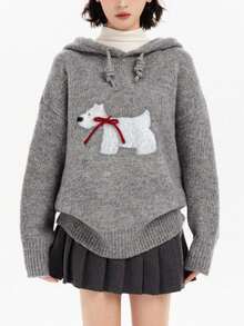 JIANHU 春夏新款可爱小狗刺绣针织连帽衫宽松休闲长袖毛衣女上衣