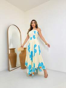 Women's Floral Print Dress With Elastic Back - 淺藍色 - 查看 2