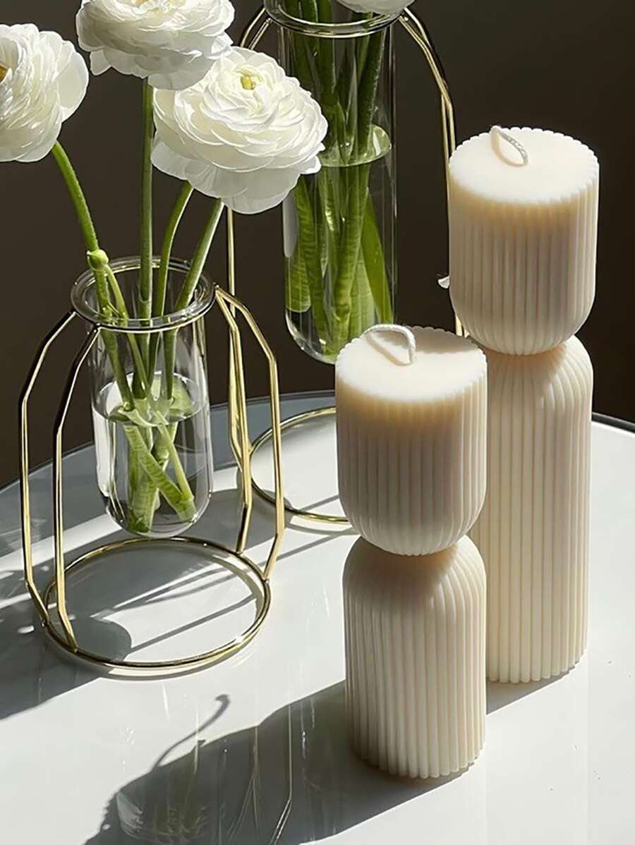 2pcs/Set Creative Nordic Minimalist Striped Scented Candles, Handmade Solid Color Geometric Cylinder Fragrance Candles, Long Stem Candles, Wedding Birthday Party Decor, Room Decoration, Graduation Gift - White (French Vanilla) - View 1