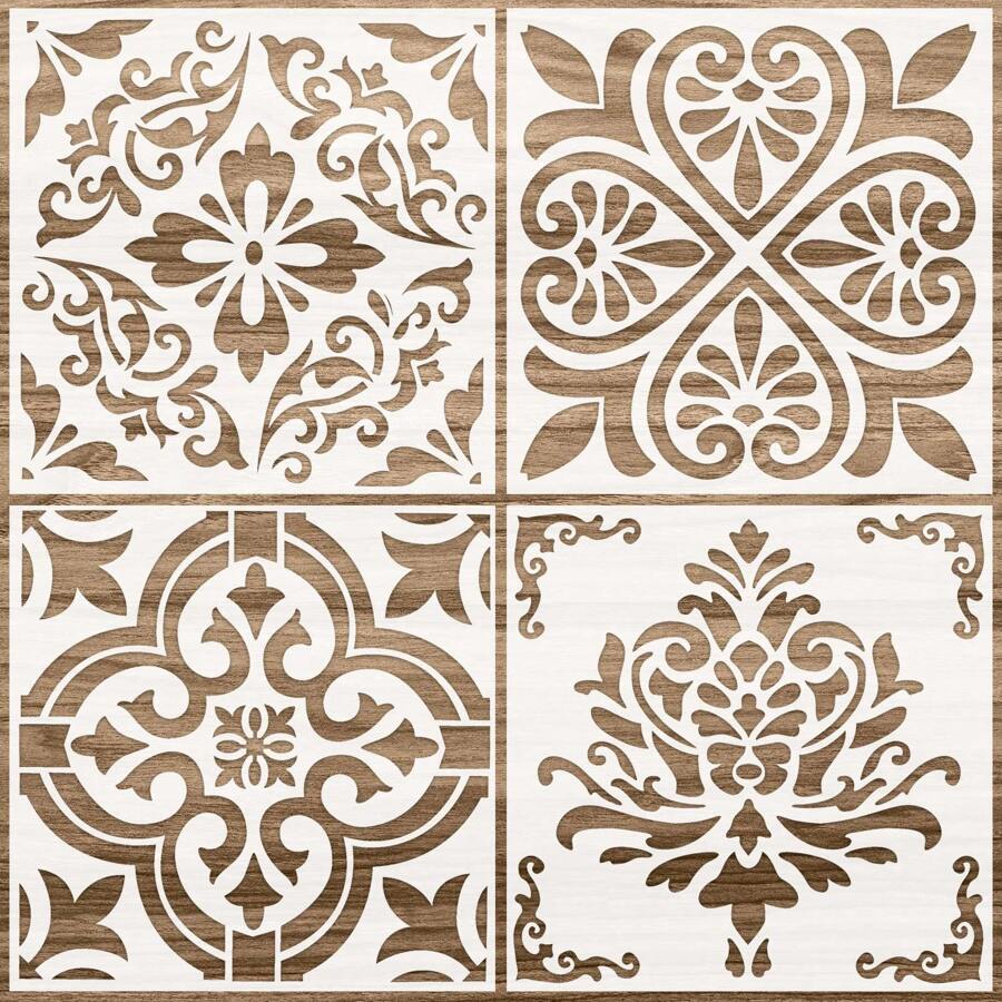4 piezas de plantillas reutilizables de flores mandala de 12 x 12 pulgadas, plantillas de pared, plantillas de patrones de azulejos, plantillas de dibujo para manualidades, álbumes de recortes, decoración de pared, piso y hogar