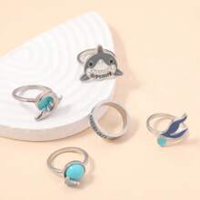 5 Peças/Conjunto Anéis Pingentes Vintage Personalizados em Formato de Tubarão Turquesa, Gaivota, Coração