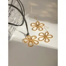 Uworld 1 Cặp Dây chuyền hoa bằng thép không gỉ mạ vàng 18K, thiết kế hình hoa, dây thừng sáp đen, hoa tai, bộ trang sức phổ biến dành cho phụ nữ để đeo hàng ngày - vòng cổ - Xem 5