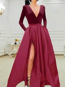 深 V 领天鹅绒和缎面拼接长袖口袋 A 字高开叉连衣裙，优雅鸡尾酒半正式舞会礼服，适合生日、婚礼嘉宾、毕业典礼、晚宴、返校节