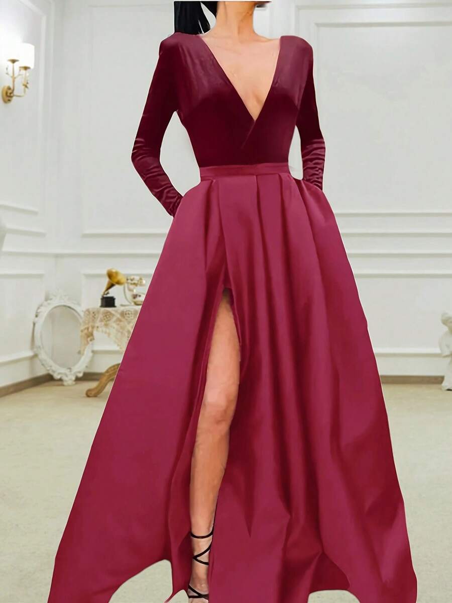 深 V 领天鹅绒和缎面拼接长袖口袋 A 字高开叉连衣裙，优雅鸡尾酒半正式舞会礼服，适合生日、婚礼嘉宾、毕业典礼、晚宴、返校节