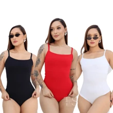 KIT 3 WOMEN'S STRAP-ON BODYSUIT RIBBED TERRYCLOTH WITH THIN STRAPS - BLACK WHITE aND RED - View 1