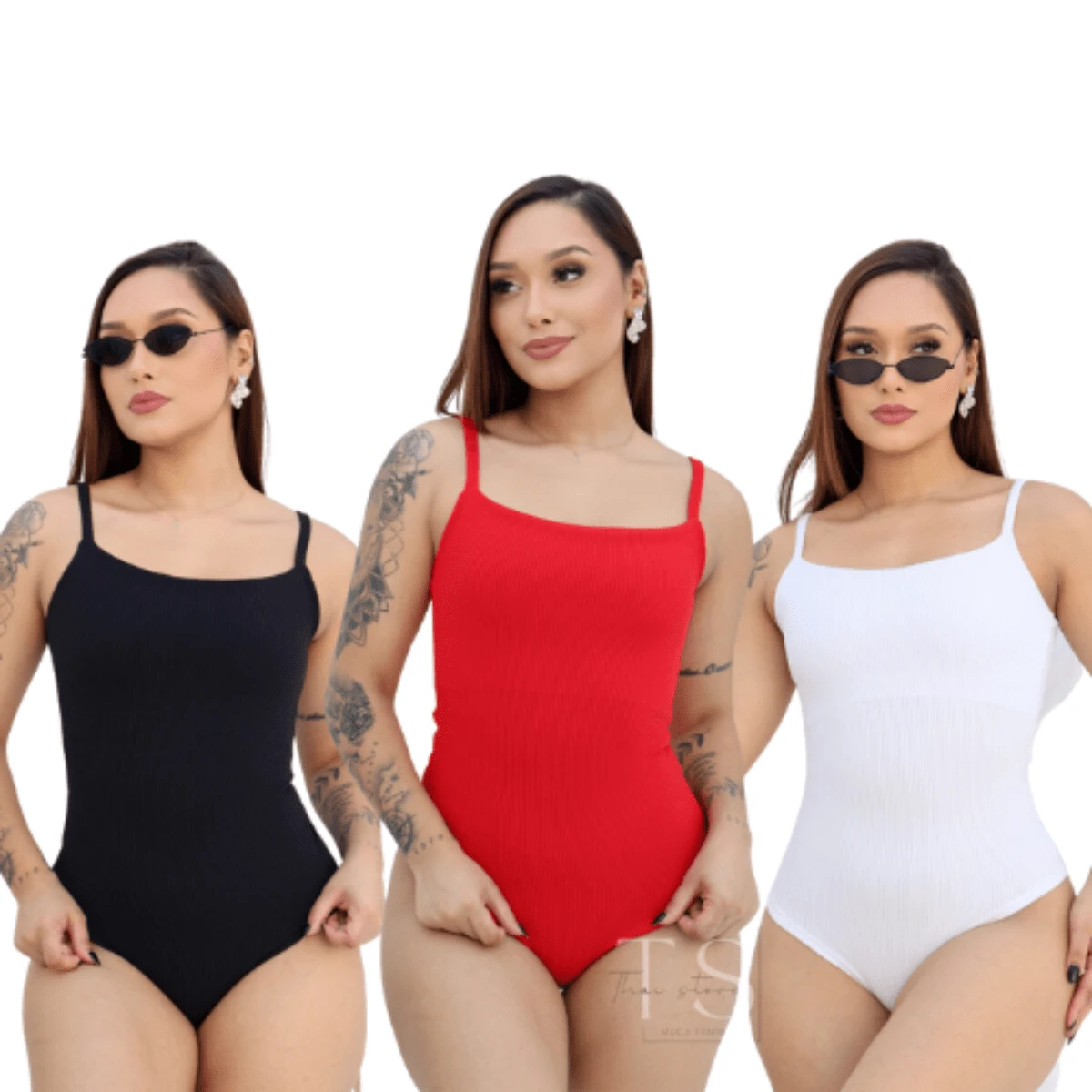 KIT 3 WOMEN'S STRAP-ON BODYSUIT RIBBED TERRYCLOTH WITH THIN STRAPS - BLACK WHITE aND RED - View 1