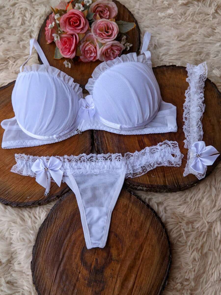 Luxury Lingerie Legging Set Thong Panties Sensual Lingerie Bra With Padded Bra With Persex Legging - trắng - Xem 1