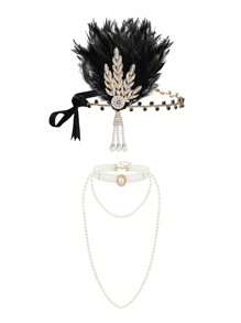3 Stücke 1920er Jahre Flapper Feder Haarband Legierung Strass Haarschmuck, lange Perlenkette Halskette - Kunstperlekette Halskette Set für Frauen 20er Jahre Flapper Accessoires