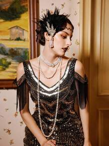 3 Stücke 1920er Jahre Flapper Feder Haarband Legierung Strass Haarschmuck, lange Perlenkette Halskette - Kunstperlekette Halskette Set für Frauen 20er Jahre Flapper Accessoires