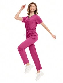 Bộ đồng phục phẫu thuật phòng mổ Áo + Quần Đồng phục bảo hộ lao động Phẫu thuật nha khoa Đồng phục spa làm đẹp - Màu Hồng Tươi - Xem 4