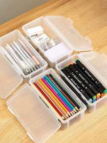 صندوق تخزين بلاستيكي شفاف 1/2/4 قطع، صندوق شفاف كبير السعة، صندوق أقلام وأقلام تحديد وأقلام رصاص للمكتب، منظم قابل للتحريك بغطاء مفصلي، صندوق تخزين مكتبي ولوازم يدوية - متعدد الألوان - مشاهدة 8
