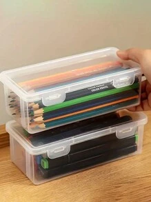 صندوق تخزين بلاستيكي شفاف 1/2/4 قطع، صندوق شفاف كبير السعة، صندوق أقلام وأقلام تحديد وأقلام رصاص للمكتب، منظم قابل للتحريك بغطاء مفصلي، صندوق تخزين مكتبي ولوازم يدوية - متعدد الألوان - مشاهدة 5
