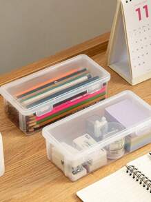 صندوق تخزين بلاستيكي شفاف 1/2/4 قطع، صندوق شفاف كبير السعة، صندوق أقلام وأقلام تحديد وأقلام رصاص للمكتب، منظم قابل للتحريك بغطاء مفصلي، صندوق تخزين مكتبي ولوازم يدوية - متعدد الألوان - مشاهدة 7