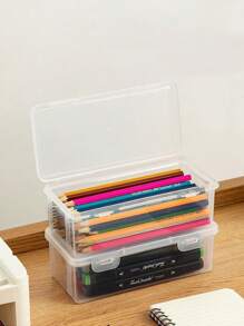 صندوق تخزين بلاستيكي شفاف 1/2/4 قطع، صندوق شفاف كبير السعة، صندوق أقلام وأقلام تحديد وأقلام رصاص للمكتب، منظم قابل للتحريك بغطاء مفصلي، صندوق تخزين مكتبي ولوازم يدوية - متعدد الألوان - مشاهدة 6