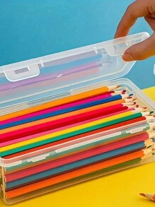 صندوق تخزين بلاستيكي شفاف 1/2/4 قطع، صندوق شفاف كبير السعة، صندوق أقلام وأقلام تحديد وأقلام رصاص للمكتب، منظم قابل للتحريك بغطاء مفصلي، صندوق تخزين مكتبي ولوازم يدوية - متعدد الألوان - مشاهدة 10
