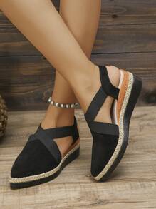 2025 New Autumn Europe And America Thick Sole Pointed Toe Hollow Sandals Women, Criss-Cross Elastic Strap Closed Toe Platform High Heels