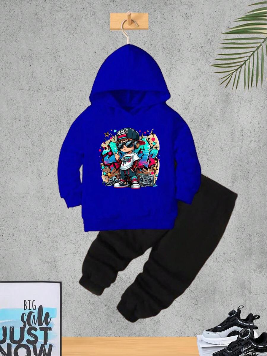 Graffiti Sweatshirt Set For Boys, Kids Blouse And Pants For Boys, Kids Flannel Winter - Xanh đậm - Xem 1