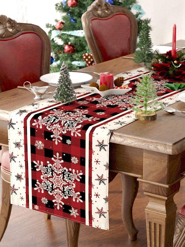1Pc Linen Christmas Table Runner,Red And Black Plaid Snowflake Pattern Table Cloth Table Cover,Home Decor, Table Decor,Christmas Decoration,Xmas Decor,Christmas Party Supplies,Christmas