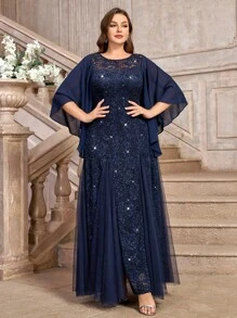 Đầm dạ hội dáng đuôi cá thanh lịch với tay áo cánh bướm, chất liệu chiffon, họa tiết hoa, đính sequin và ren, phối màu tương phản, chất liệu lưới, thích hợp cho các buổi tiệc khiêu vũ, đám cưới, mùa đông, năm mới, lễ tốt nghiệp, tiệc chiêu đãi, lễ hội và các dịp khác. - Màu xanh hải quân - Xem 7