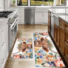 1pc Floral & Bull Print Soft & Comfortable Kitchen Mat, Anti-Stain & Oil, Easy To Clean, Absorbent & Durable Doorway Rug, Suitable For Living Room, Hallway, Bathroom, Laundry Room Decor - Multicolor - View 1