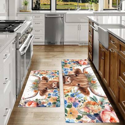 1pc Bloemen & Stier Print Zachte & Comfortabele Keukenmat, Anti-Vlek & Olie, Gemakkelijk te Reinigen, Absorberend & Duurzaam Deurmat, Geschikt Voor Woonkamer, Gang, Badkamer, Wasruimte Decor