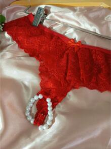 Women's Thai Thong Panties Pearl Anem + Light Metal Handcuff Accessory With Keys Fantasy Sensual Lingerie - Red - View 8