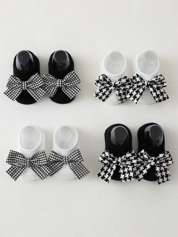 4 Pairs Baby Girls' Bow Accent Black And White Ankle Socks, Ideal For Crawling