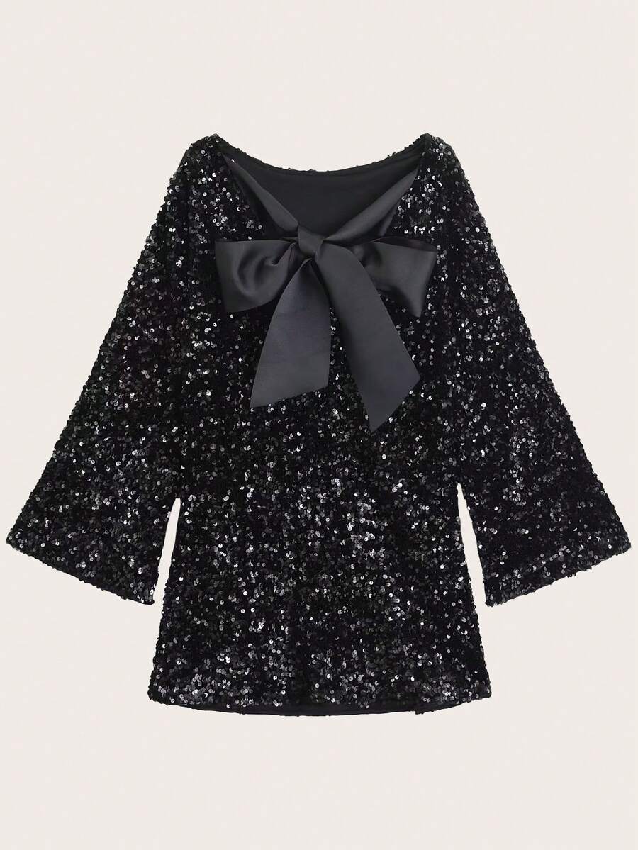 时尚亮片装饰蝴蝶结连衣裙，春秋 - 黑色 - 查看 1