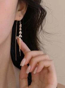 一对金色优雅小麦耳链流苏耳环，简约长叶微镶流苏轻盈奢华耳夹。情人节配饰，夏季，珠宝 - 金色 - 查看 6