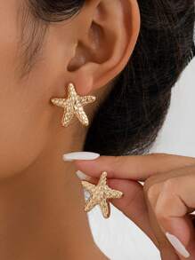 1 Pair Minimalist Metal Smooth Five-Pointed Star & Starfish Stud Earrings For Women, Summer Beach Holiday, Gift For Friend