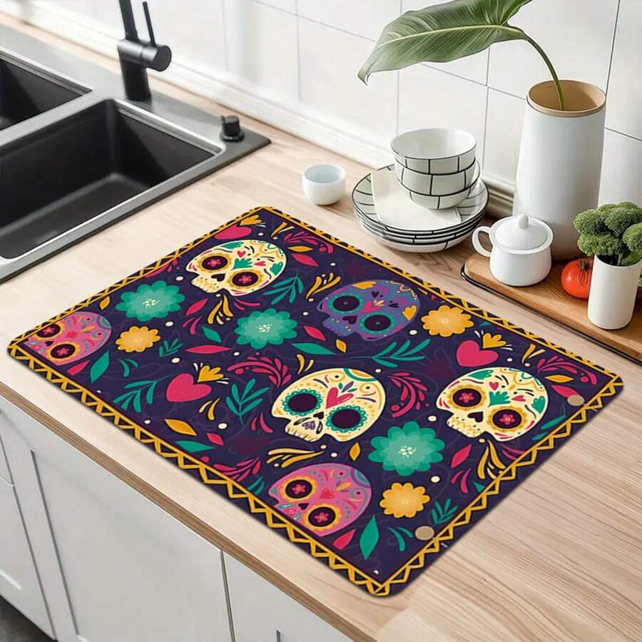 1pc Day Of The Dead Drain Pad , Cute Skull Print Dish Drying Mat , Absorbent Non-Slip Dish Drying Pad For Sink & Counter Tops , Perfect For Home Decor , Decoration For The Day Of The Dead - Multicolor - View 1