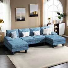 Sectional Sofa Couches For Living Room, U Shaped Modular Sectional Sofa, Convertible Sofa Bed 6 Seats Sectional Sleeper Sofa Comfy Couch With Adjustable Backrest - 藍色 - 查看 2