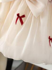 Baby Girl's Stylish Colorblock Bow Decor Peter Pan Collar Bubble Short Sleeve Dress, Summer