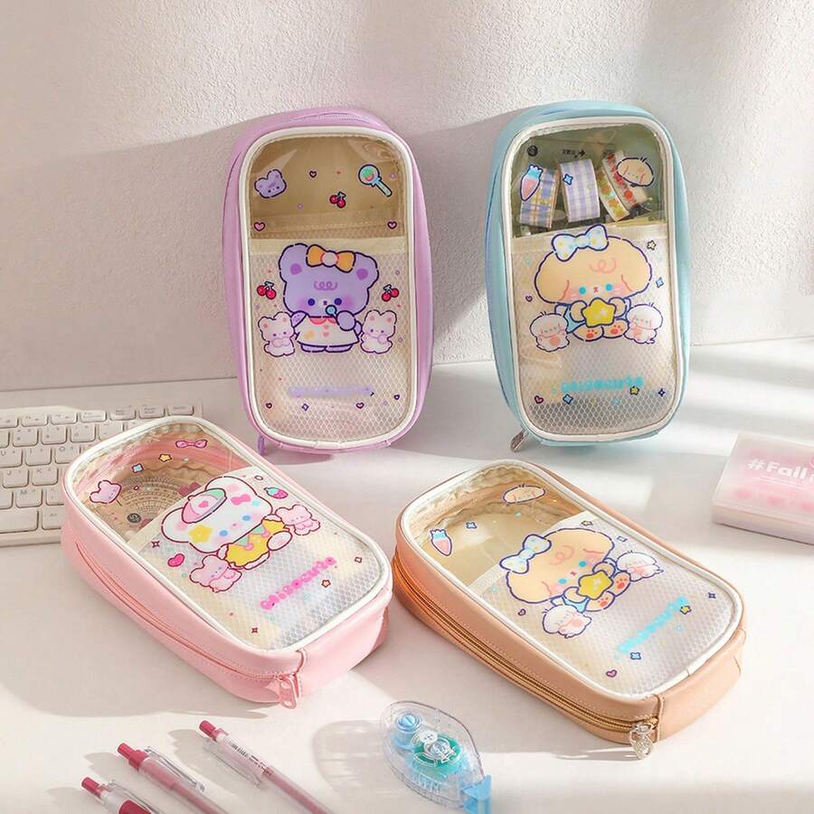 1 pieza Bolsa de lápices transparente con diseño de dibujos animados, de gran capacidad, estuche para útiles escolares para estudiantes - Multicolor - Ver 1