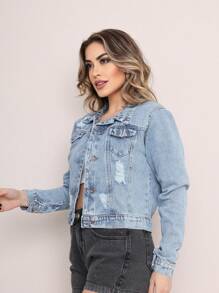 Jaqueta Jeans Feminina Modelo Casual Lavagem Clara botao ferro - Lavagem Média - Visão 3