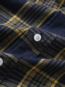 男士格纹印花纽扣前开休闲长袖衬衫，秋季 - 黃色 - 查看 4