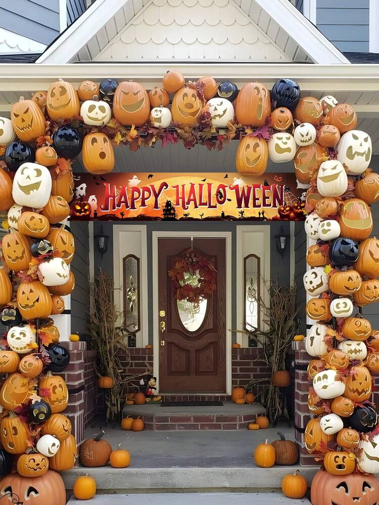 1 件万圣节横幅，南瓜蝙蝠蜘蛛网图案吊旗背景布，万圣节装饰，不给糖就捣蛋派对用品，鬼屋装饰，户外装饰，家居装饰，万圣节派对装饰，圣诞节 - 彩色 - 查看 5