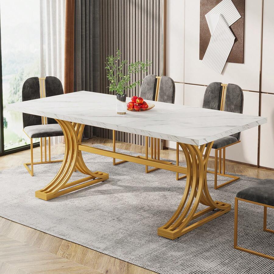 Tribesigns 160 X 80cm Rectangular Dining Table For 4 To 6, Modern Kitchen Table With Faux Marble Table Top And Stylish Metal Legs, White And Gold Dinner Tables For Dining Room, Kitchen - White - View 1