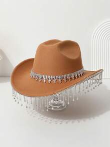 1 peça chapéu de cowboy ocidental feminino com coroa brilhante de cor sólida, franjas, strass falso, para uso casual, festa, casamento, festival de Halloween