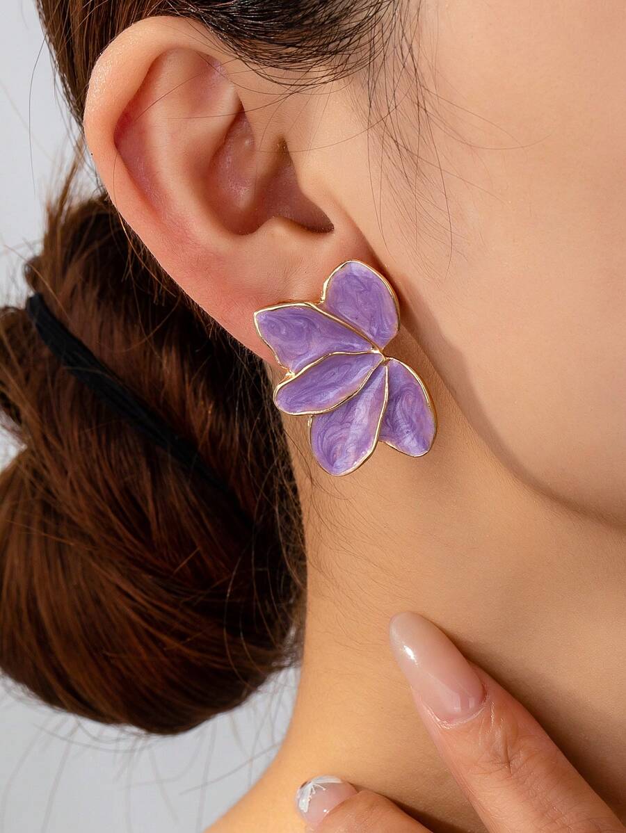 1 Pair Metal Floral & Leaf Drop Earrings - Purple - View 1