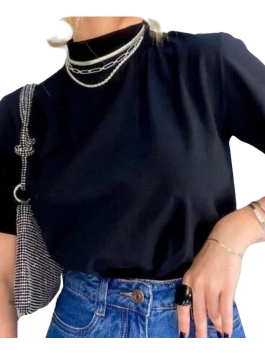 Women's Basic Plain Casual T-Shirt 3/4 Sleeve High Neck 100% Cotton - 黑色 - 查看 1