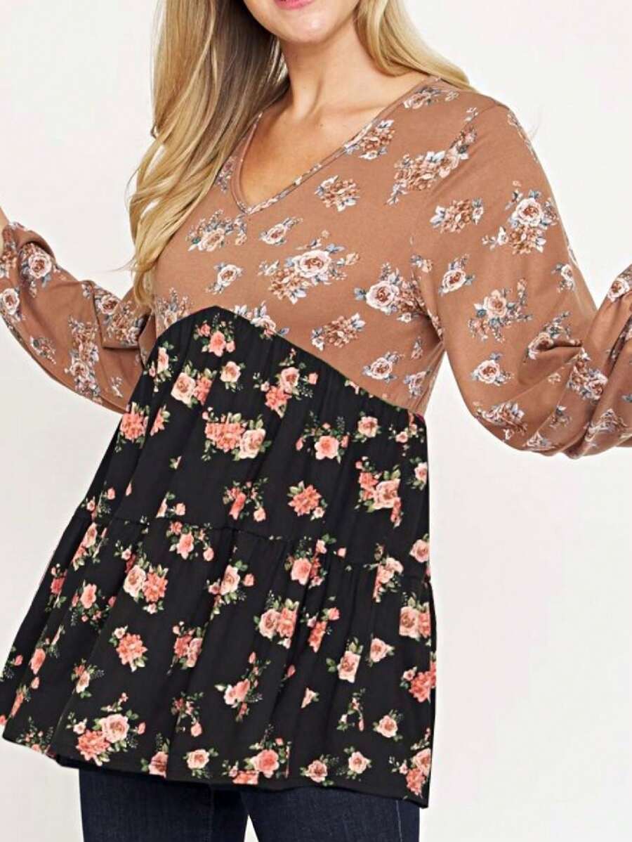 Boho Retro 90's Vintage Ditsy Floral V Neck Empire Waist Bubble Puff Long Sleeve Tunic Top - 黑色 - 查看 1