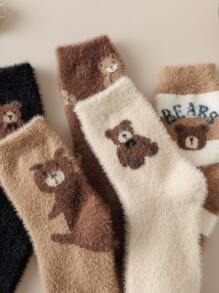 1/3 pares de calcetines de equipo forrados térmicos con estampado de oso de peluche de colores aleatorios para mujer