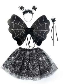 Set da 4 pezzi per decorazioni, costume e accessori da indossare per Ognissanti, inclusi ali di ragno e pipistrello, gonna, per feste, eventi e cosplay