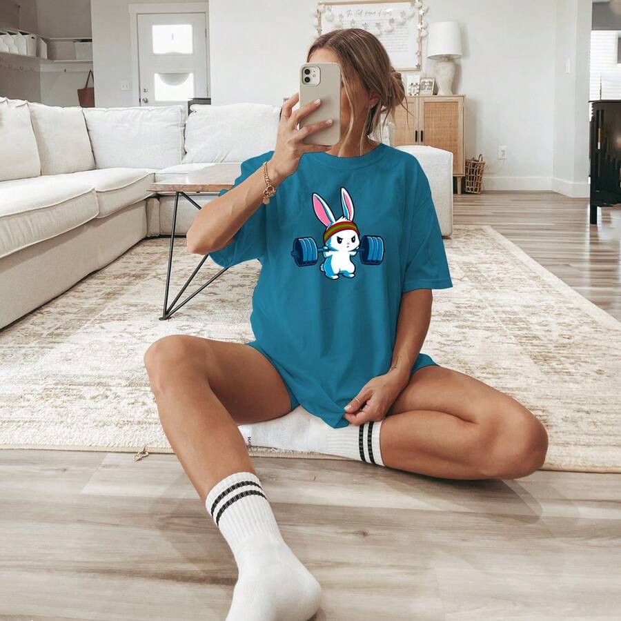 Women's T-Shirt Cotton Street Style Straight Cut Bunny Gym T-Shirt - 藍色 - 查看 1