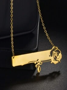 1pc Customized Name Rose Lace Square Pendant Laser Engraved Necklace, Women's Stainless Steel Clavicle Chain Necklace, 18K Gold Plated Stainless Steel Jewelry, Exquisite High-End Gift Box, Gift For Friends, Family, Couples, Couples, Holiday Gift - Gold - View 4