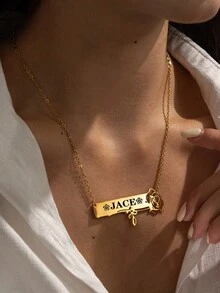 1pc Customized Name Rose Lace Square Pendant Laser Engraved Necklace, Women's Stainless Steel Clavicle Chain Necklace, 18K Gold Plated Stainless Steel Jewelry, Exquisite High-End Gift Box, Gift For Friends, Family, Couples, Couples, Holiday Gift - Gold - View 2