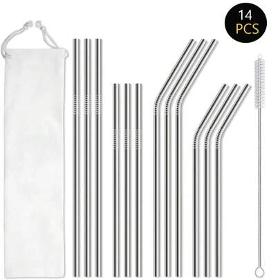 6 件/10 件/14 件不锈钢金属吸管带刷子和袋子，8.46 英寸/5.9 英寸（约 21.5 厘米/15 厘米）可重复使用，适用于果汁、水、冰沙、洗碗机，适合圣诞礼物