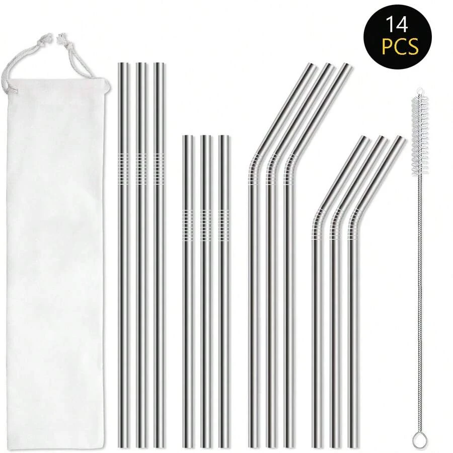 6 件/10 件/14 件不锈钢金属吸管带刷子和袋子，8.46 英寸/5.9 英寸（约 21.5 厘米/15 厘米）可重复使用，适用于果汁、水、冰沙、洗碗机，适合圣诞礼物 - 銀色 - 查看 1