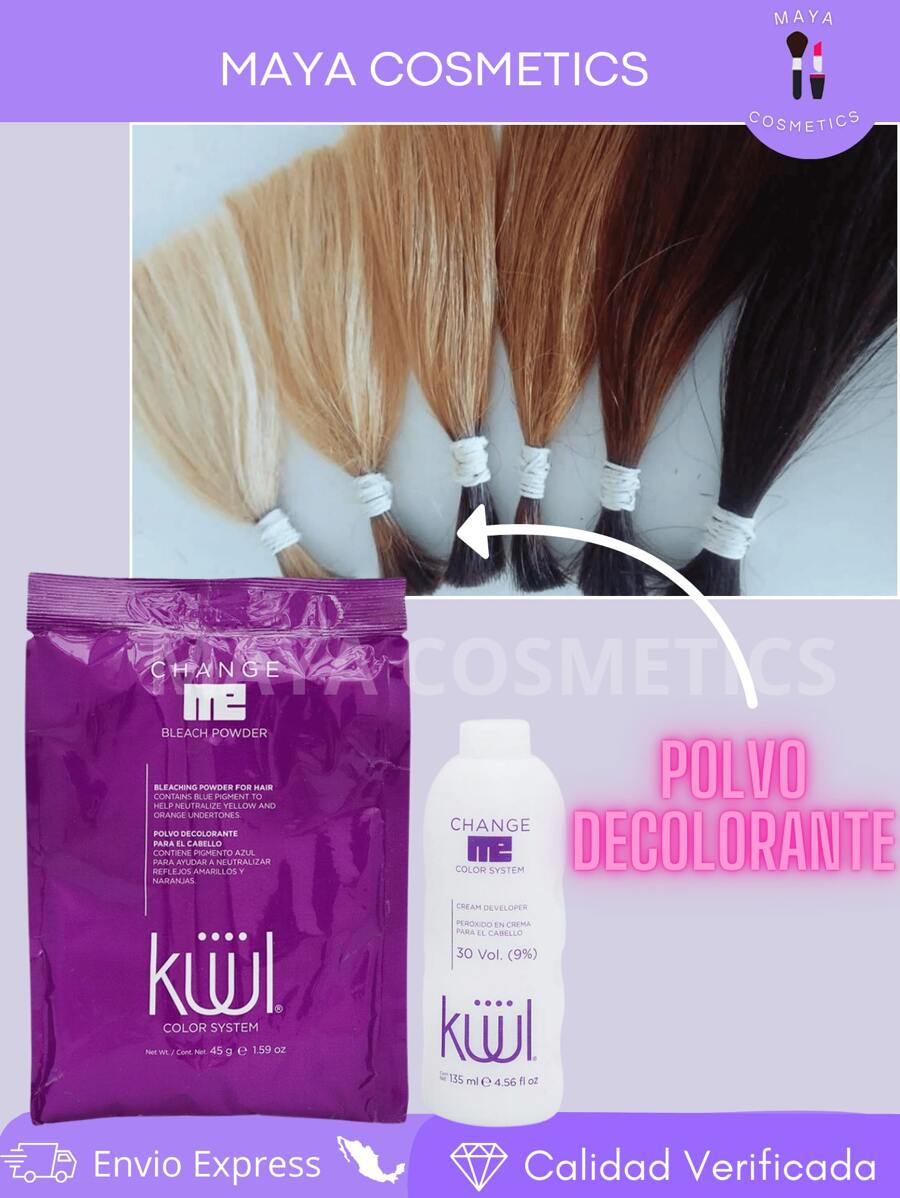 Polvo decolorante con peróxido Kuul Change Me, 45g, edición Buen Fin: Decolora hasta varios tonos en una sola aplicación, minimiza daño y facilita el trabajo del colorista, recomendado para técnicas profesionales y retoques en casa. - Morado - Ver 1